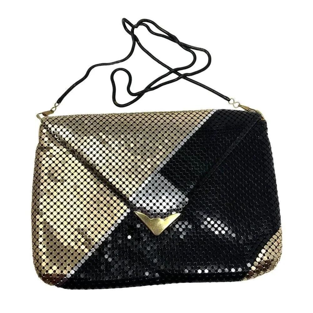 Vintage Pelle purse Gold and black aluminum mesh envelope clutch purse BoxU